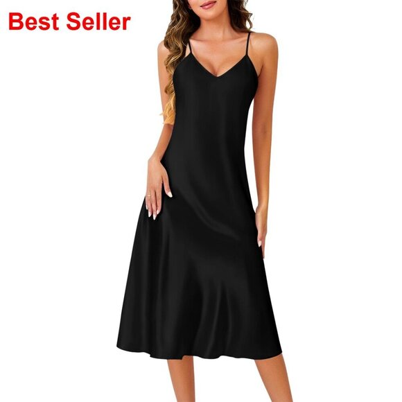 Other - Long Satin Nightgown V-Neck Adjustable Straps Ruffle Hem Sleepwear